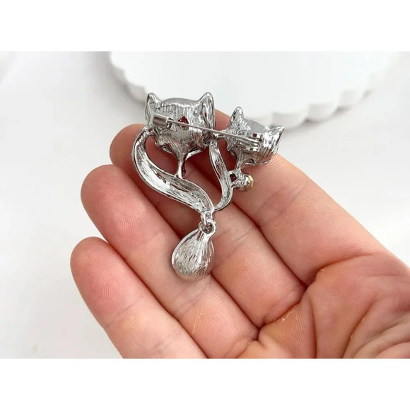 XL Blue & Iridescent Rhinestone Silver Toned Double Fox Large Dangle Brooch - Picture 5 of 8